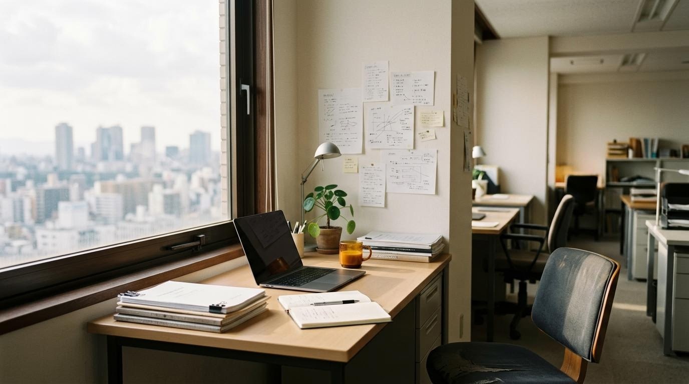 大阪梅田を見下ろす編集ワークスペースの抽象イメージ
